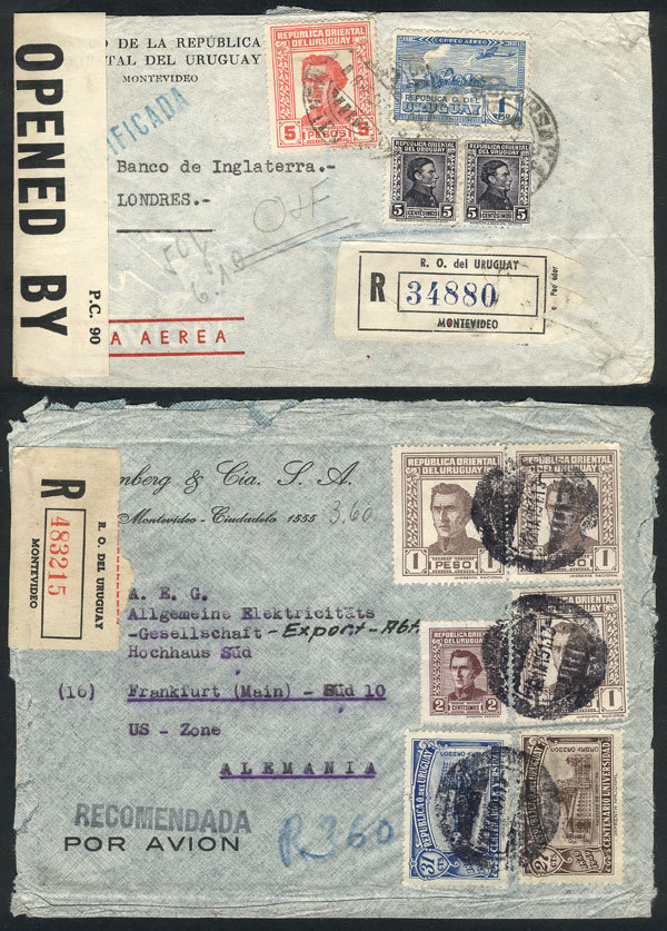 URUGUAY "2 Registered Covers Sent To England And Germany In 1945 And 1951, With - Uruguay
