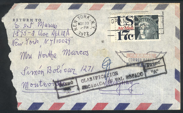 URUGUAY "Airmail Cover Sent From USA To Montevideo On 20/NO/1972, With Handstamp - Uruguay