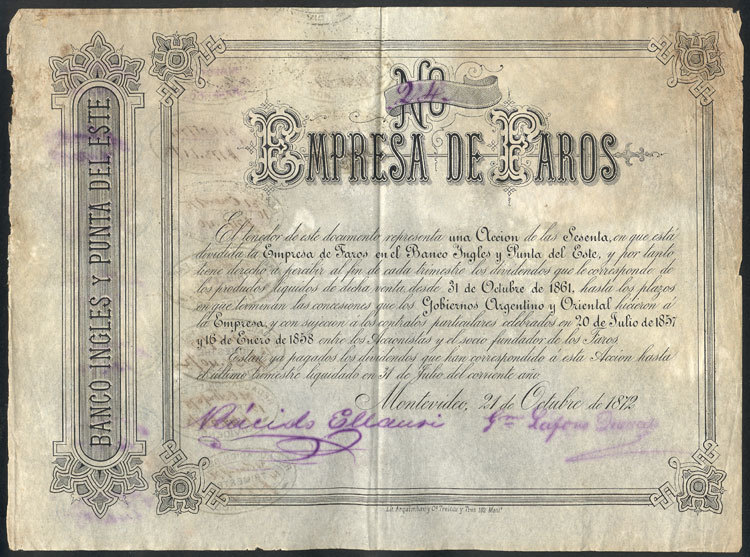 URUGUAY Certificate For 1 Share Of The Year 1872: LIGHTHOUSE Company 'Faros Del - Uruguay