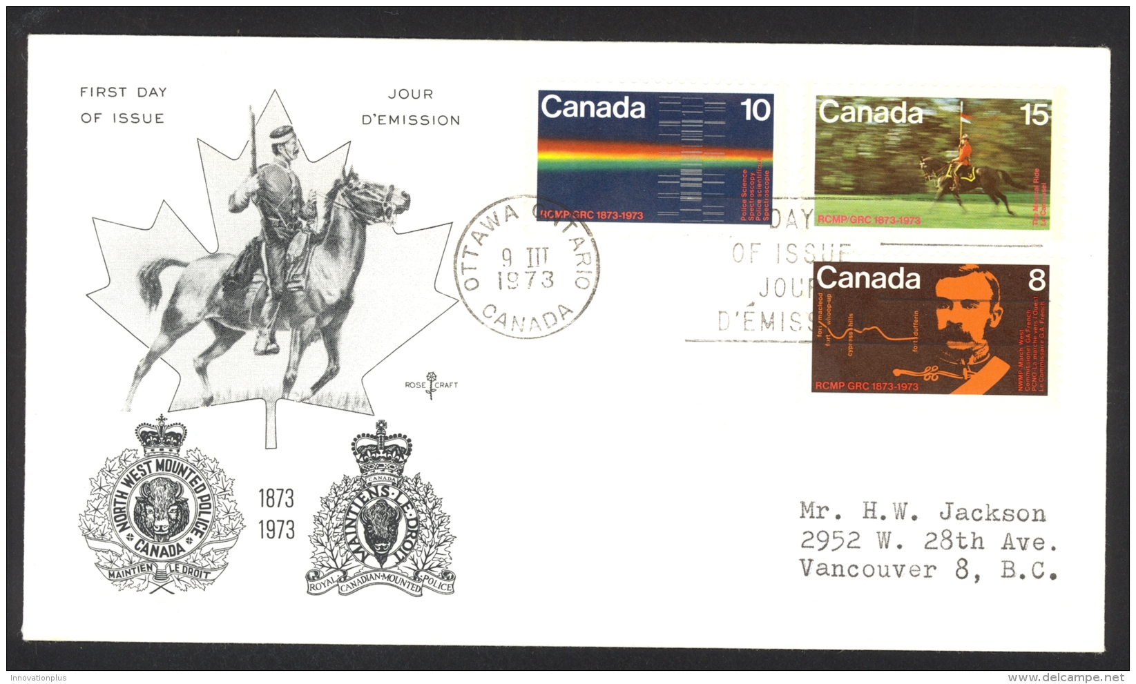 Canada Sc# 612-614 Ottawa CXL (Rose Craft Cachet) FDC Combination (d) 1973 03.09 RCMP Centenary - 1971-1980