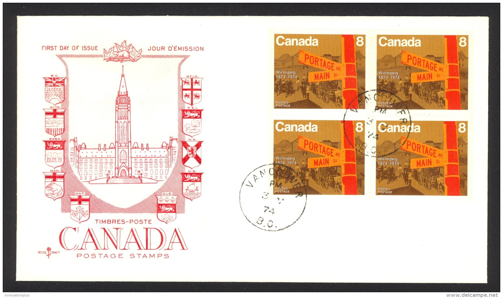 Canada Sc# 633 FDC Block/4 (c) 1974 05.03 Winnipeg Centennial - 1971-1980