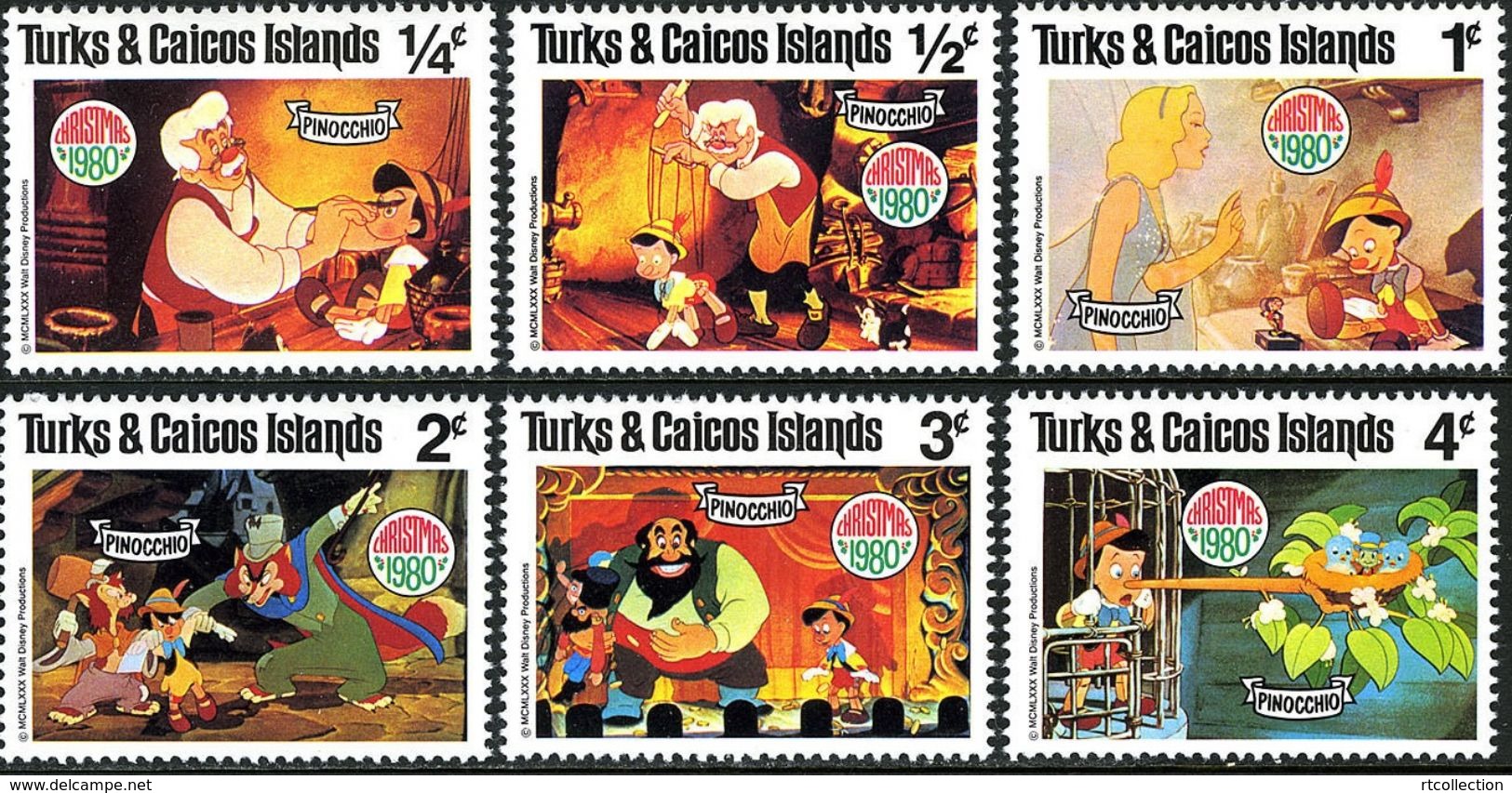 Turks & Caicos Islands 1980 Disney Film Pinocchio Childhood Cartoon Animation Art Cinema Movie Stamps (6) MNH SC#442-450 - Cinema