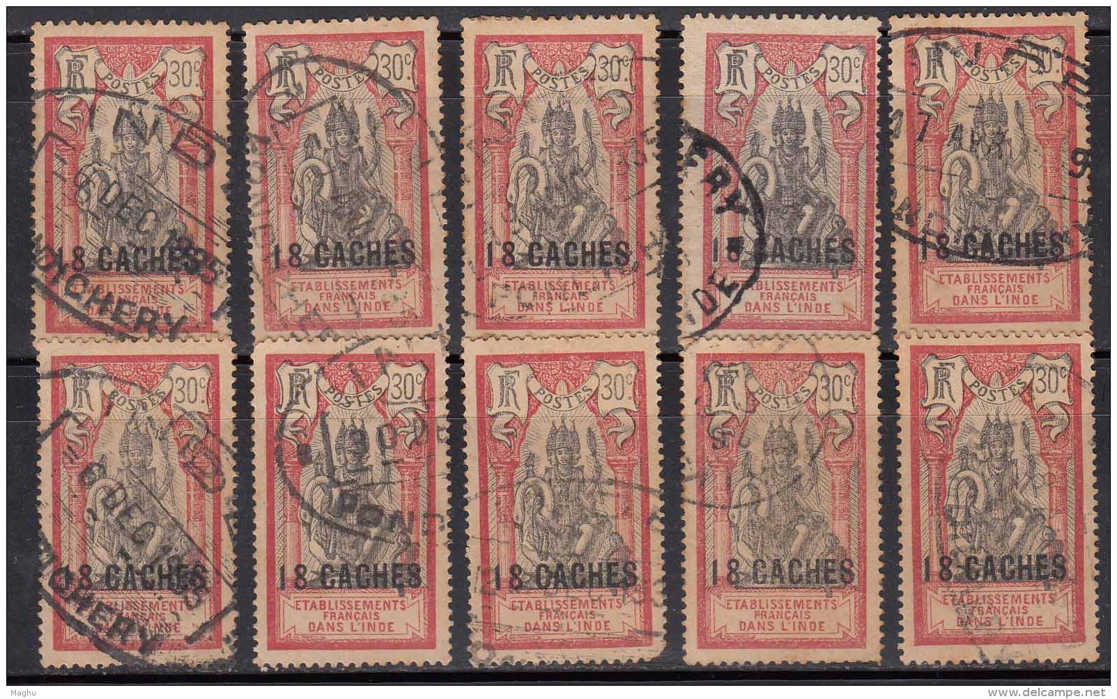 18ca On 30ca X 10 Used French India  1923 New Currency Series, Mythology, Bird, Snake, Reptile - Used Stamps