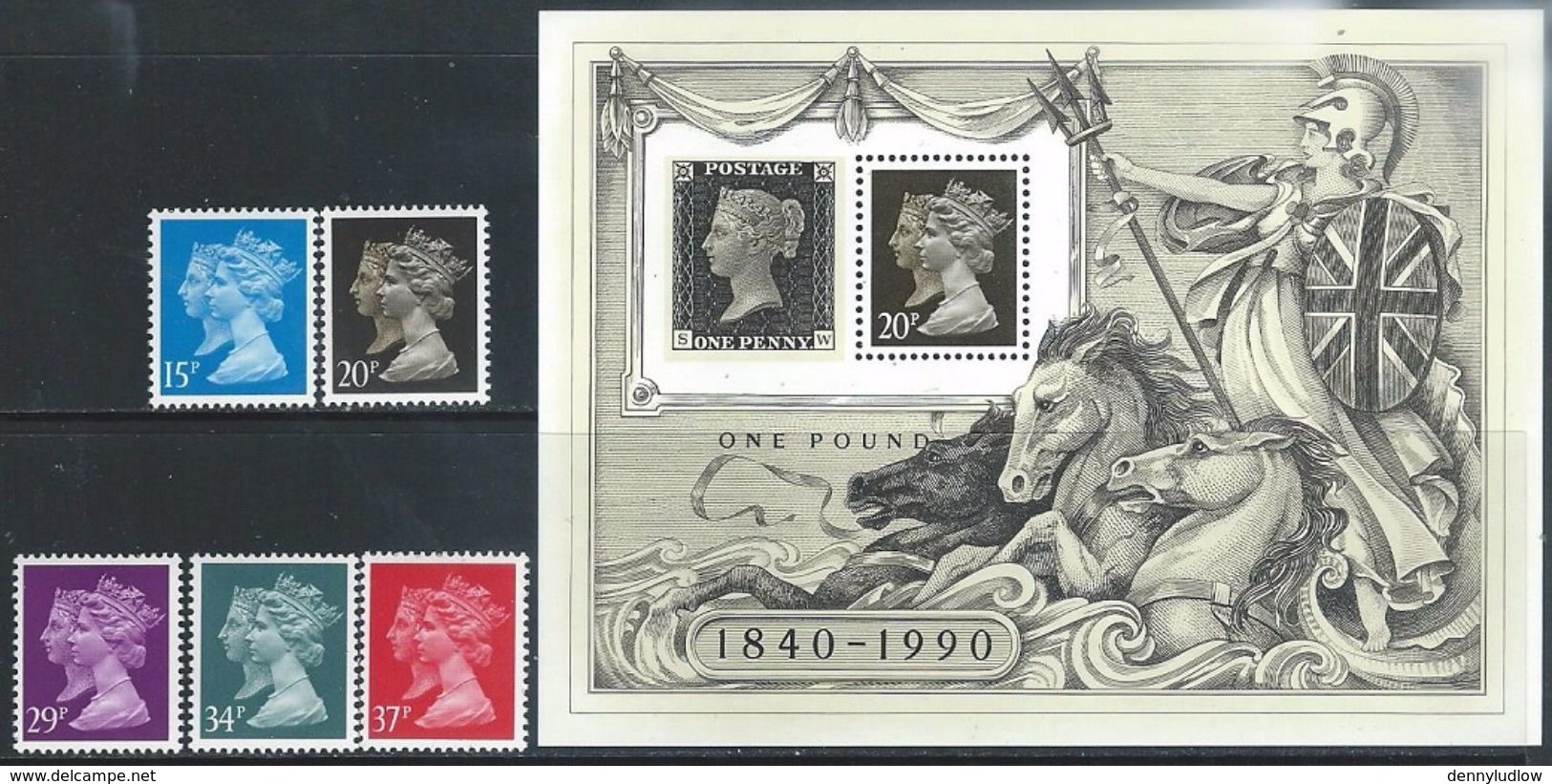 Great Britain  1990  5 Diff QEs & Penny Black Souv Sheet  MNH**    2016 Scott Value $15.55 - Unused Stamps