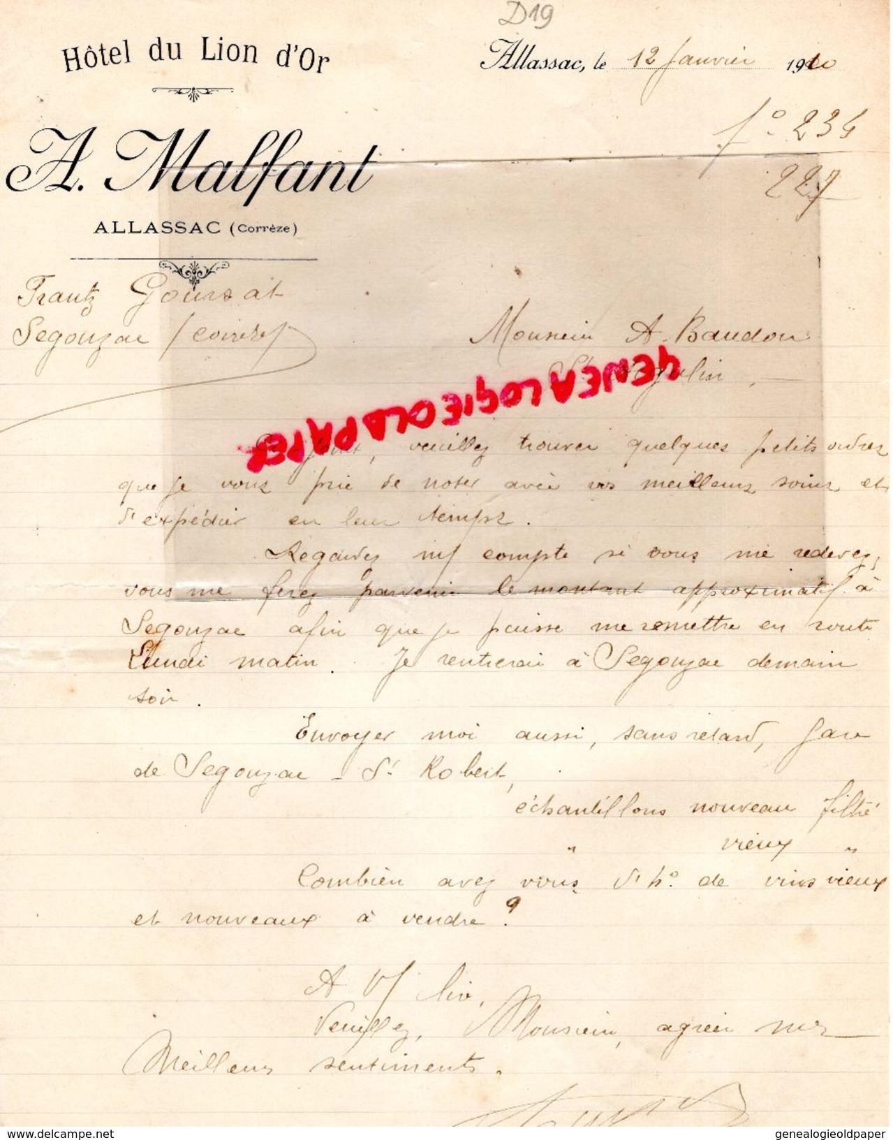 19- ALLASSAC - LETTRE MANUSCRITE A. MALFANT -HOTEL DU LION D' OR-1910  FRANTZ GOURSAT A SEGONZAC - Petits Métiers