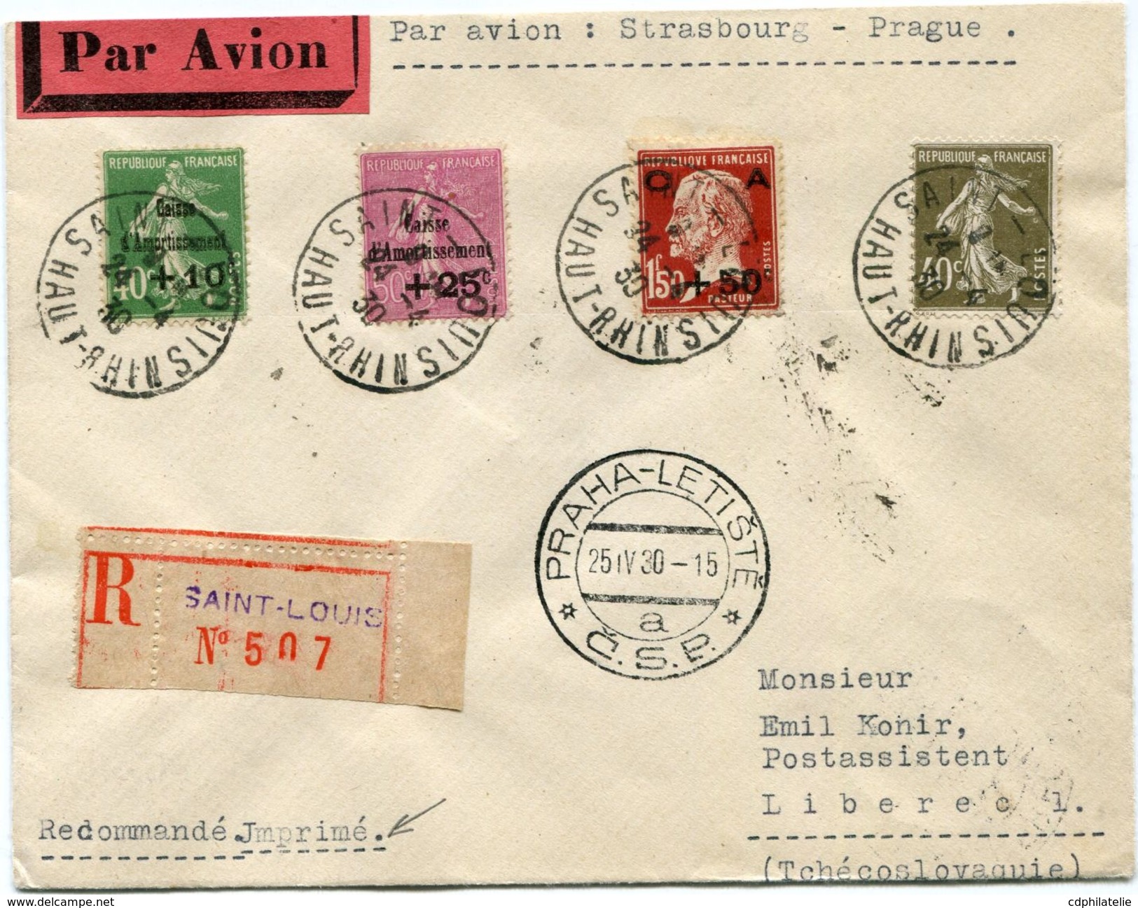 FRANCE LETTRE RECOMMANDEE IMPRIME PAR AVION DEPART SAINT-LOUIS 24-4-30 HAUT-RHIN POUR LA TCHECOSLOVAQUIE - Lettres & Documents