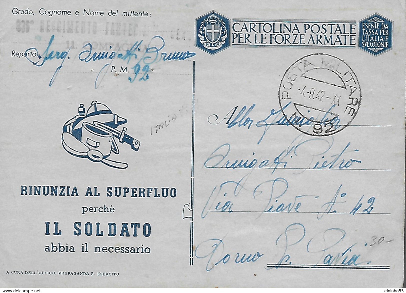 WWII Franchigia 1942 Posta Militare 92 - Divisione Piceno - Lecce - Italia - Guerre 1939-45