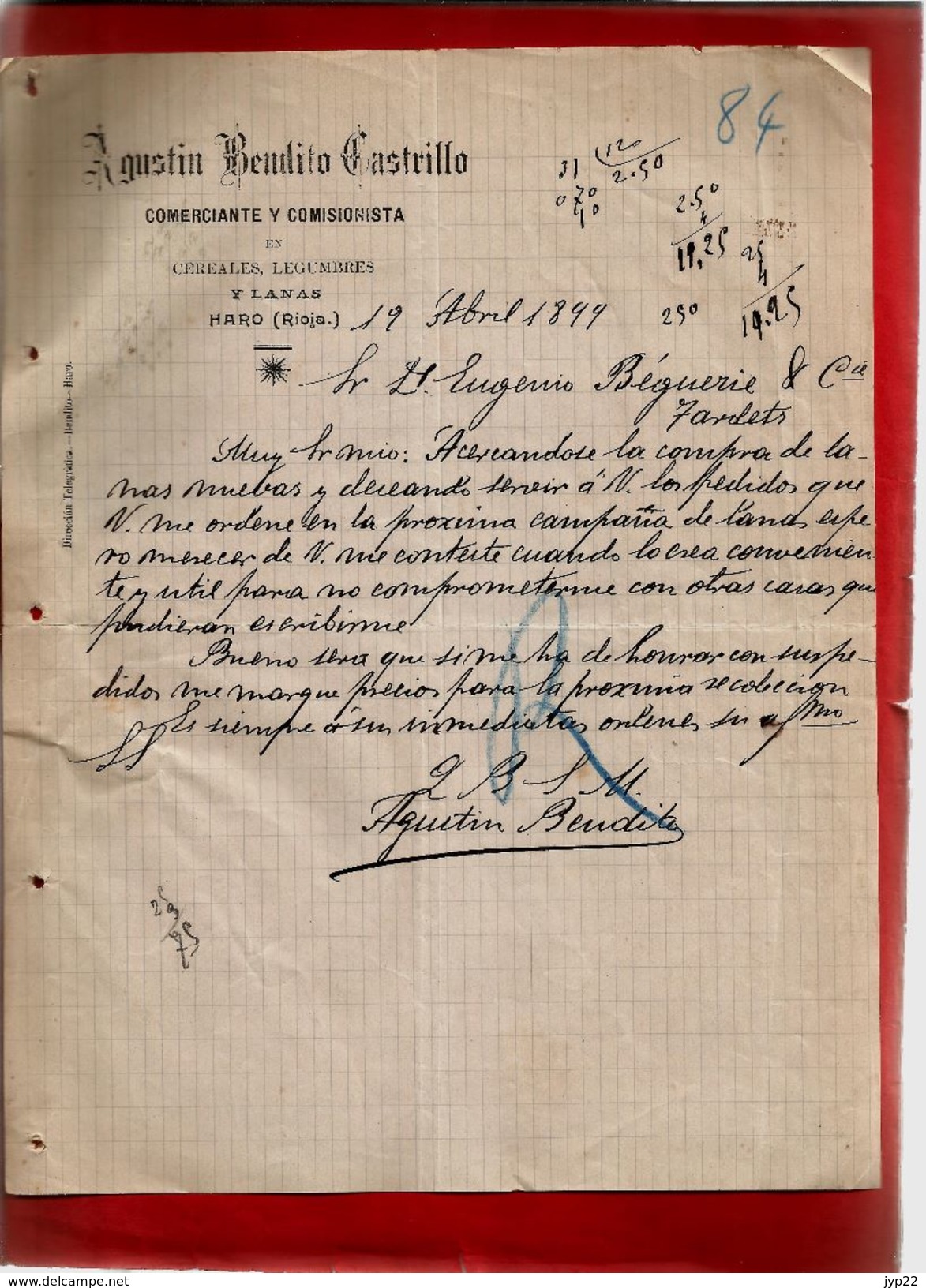 Courrier Espagne Agustin Bendito Castrillo Commerce Céréale Légumes Y Lanas Haro Rioja 19-04-1899 - écrit En Espagnol - Spain