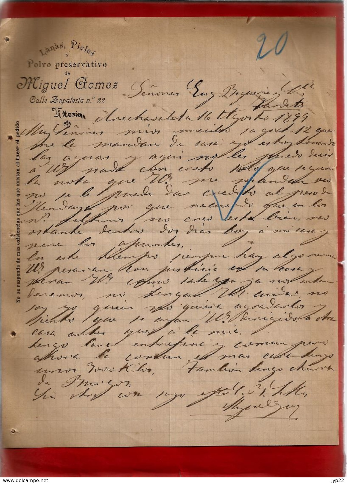 Courrier Espagne Lanas Pieles Y Polvo Preservativo Miguel Gomez Vitoria ? Arechavaleta 16-?-1899 - écrit En Espagnol - Spanien