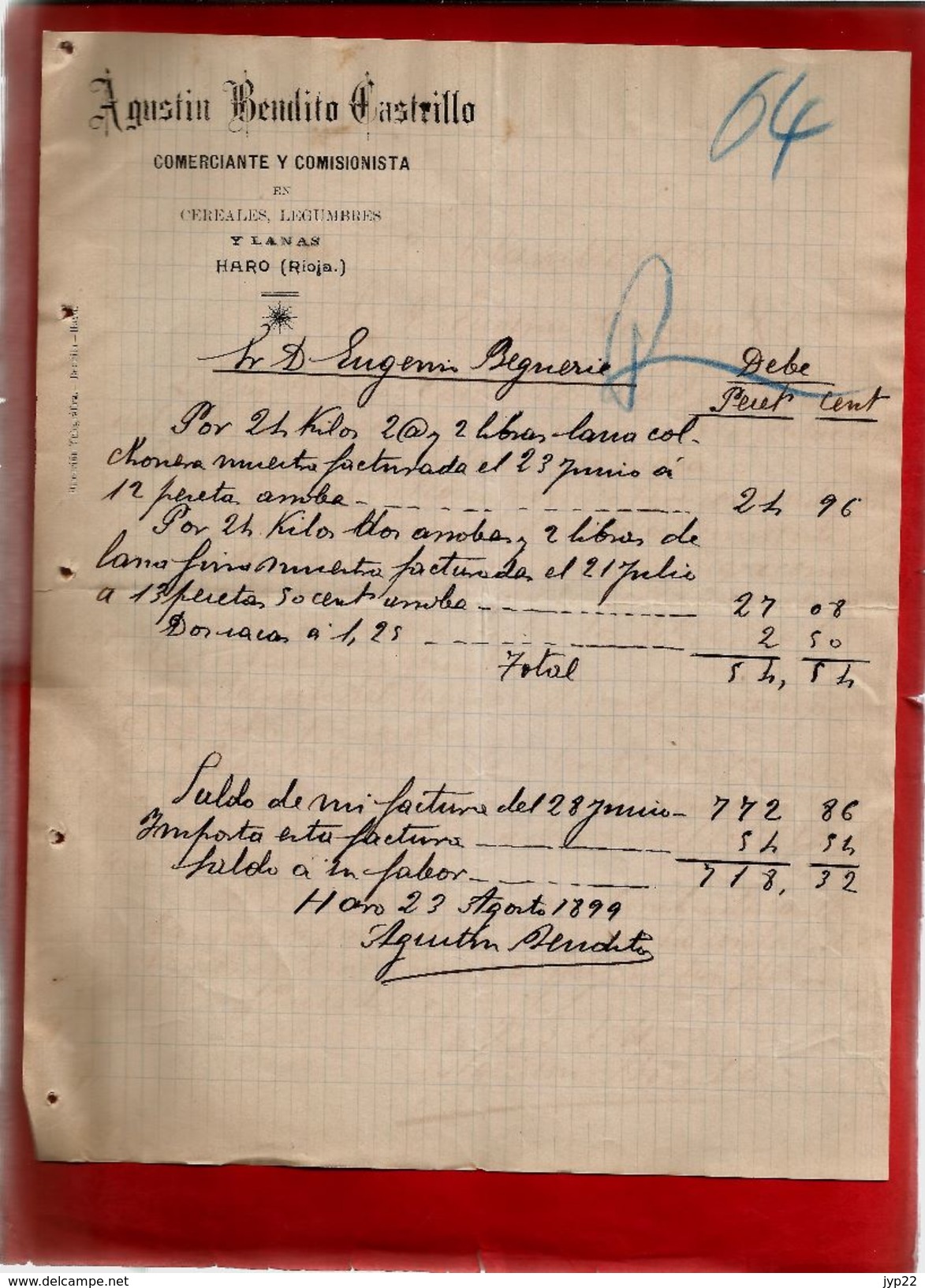 Courrier Espagne Agustin Bendito Castrillo Commerce Céréale Légumes Y Lanas Haro Rioja 23-08?-1899 - écrit En Espagnol - Spain