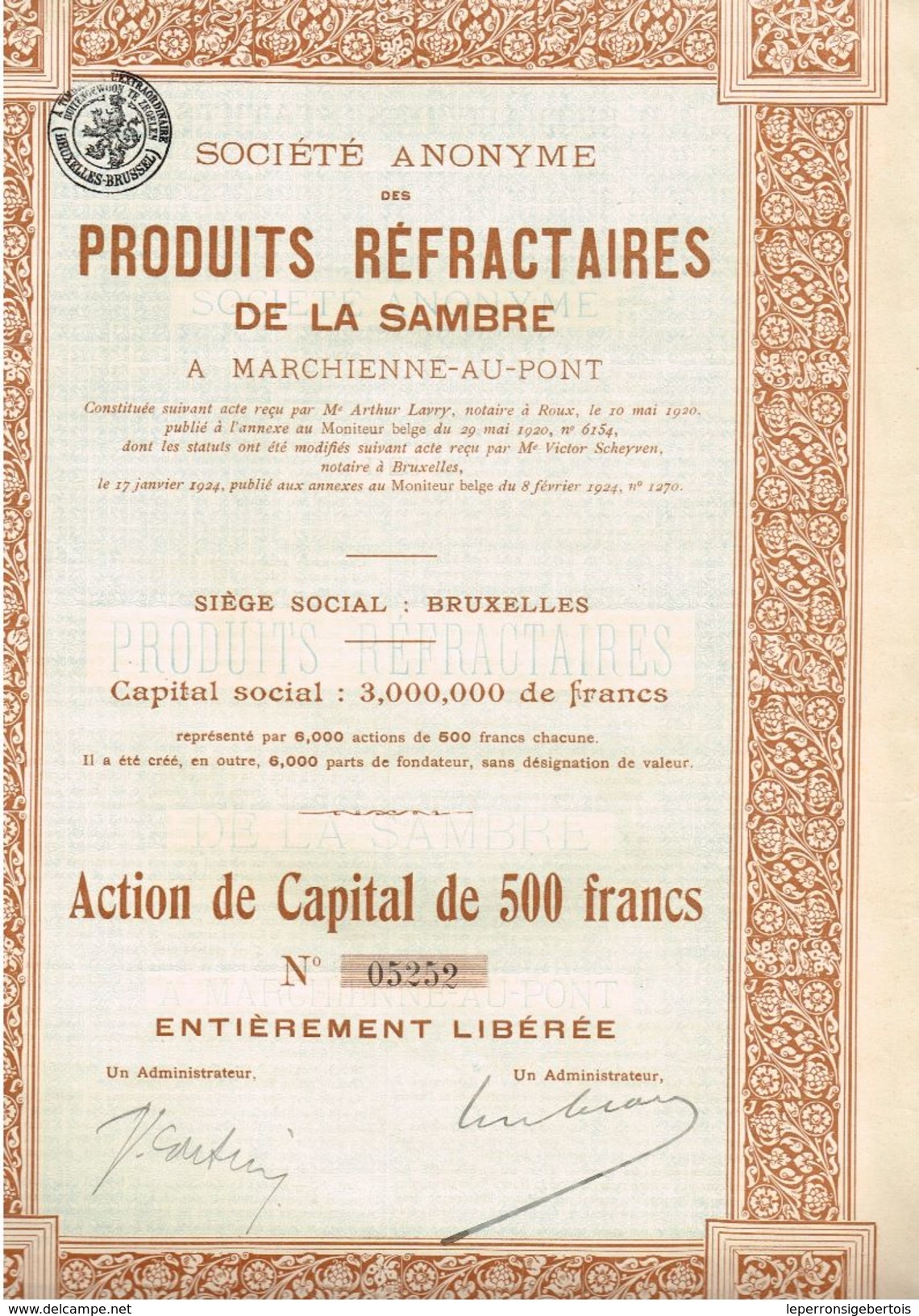 Action Ancienne - Société Anonyme Des Produits Réfractaires De La Sambre - Titre De 1924 - Belgique - Toerisme