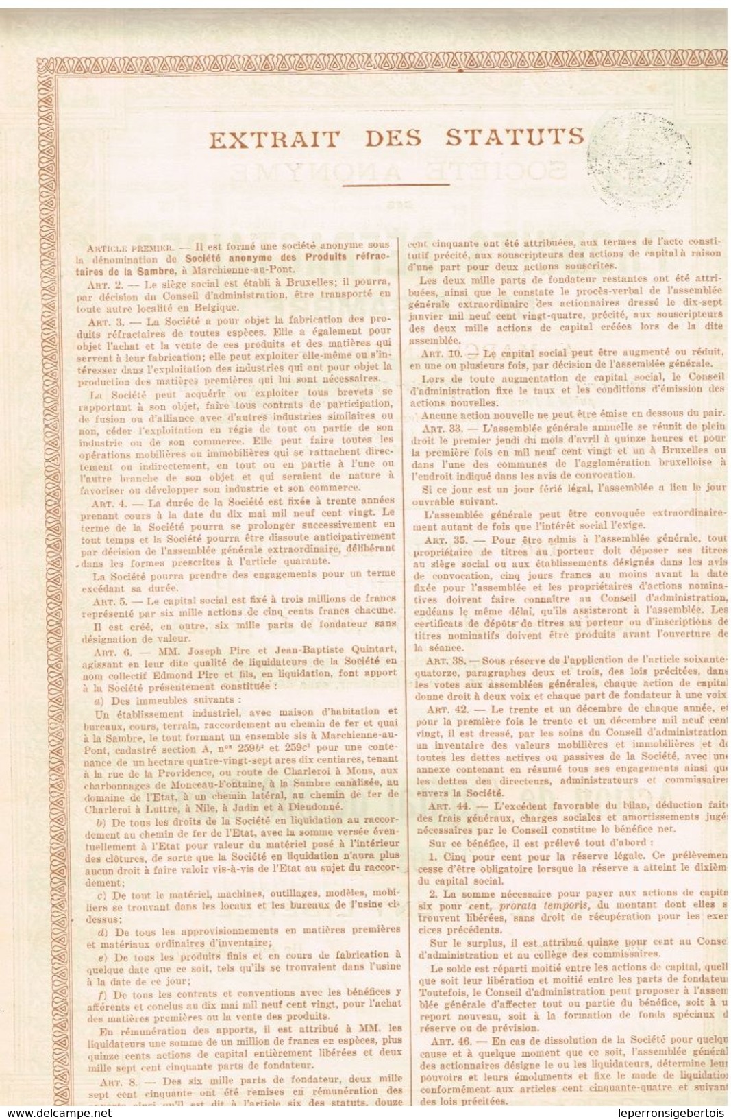 Action Ancienne - Société Anonyme Des Produits Réfractaires De La Sambre - Titre De 1924 - Belgique - Tourism