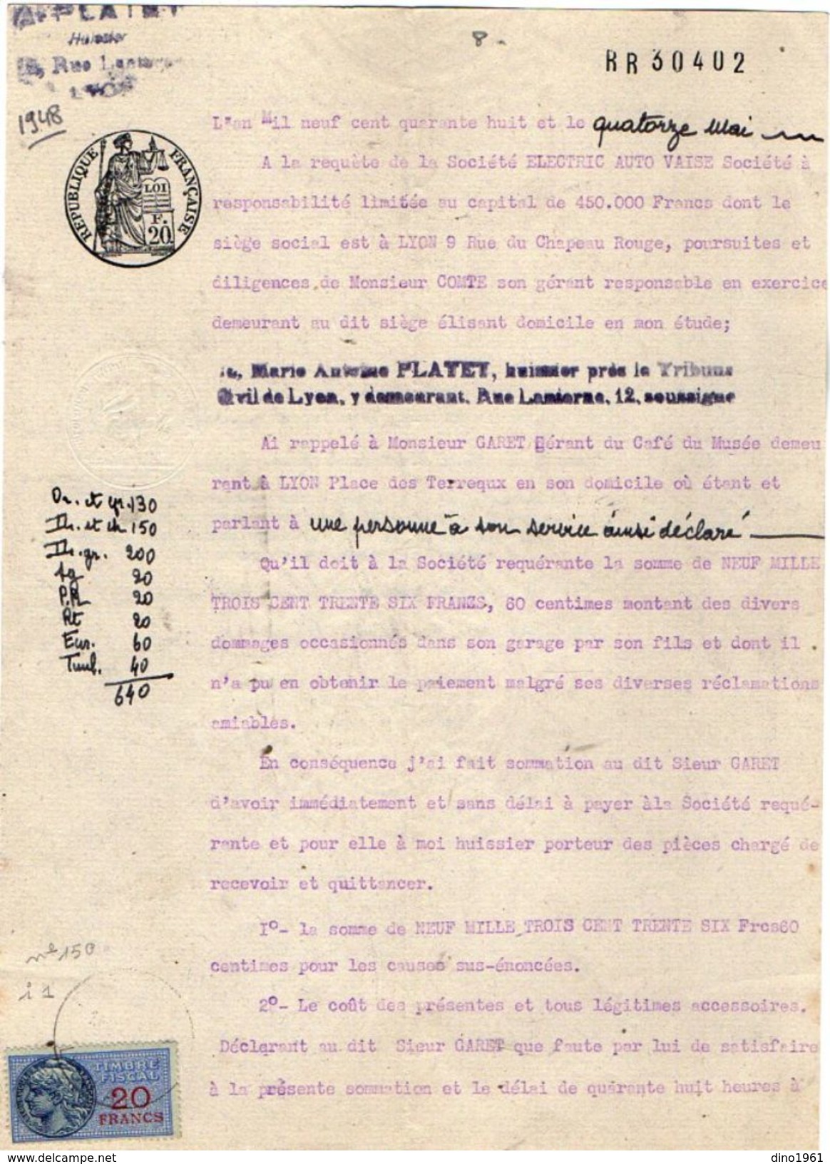 VP10.975 - Acte De 1948 - La Société Electric Auto VAISE Contre Mr CARET Gérant Du Café Du Musé à LYON - Electricity & Gas