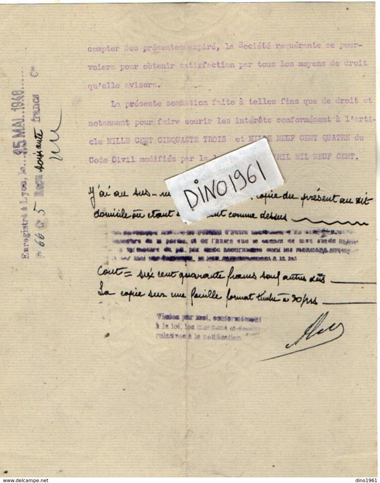 VP10.975 - Acte De 1948 - La Société Electric Auto VAISE Contre Mr CARET Gérant Du Café Du Musé à LYON - Electricité & Gaz