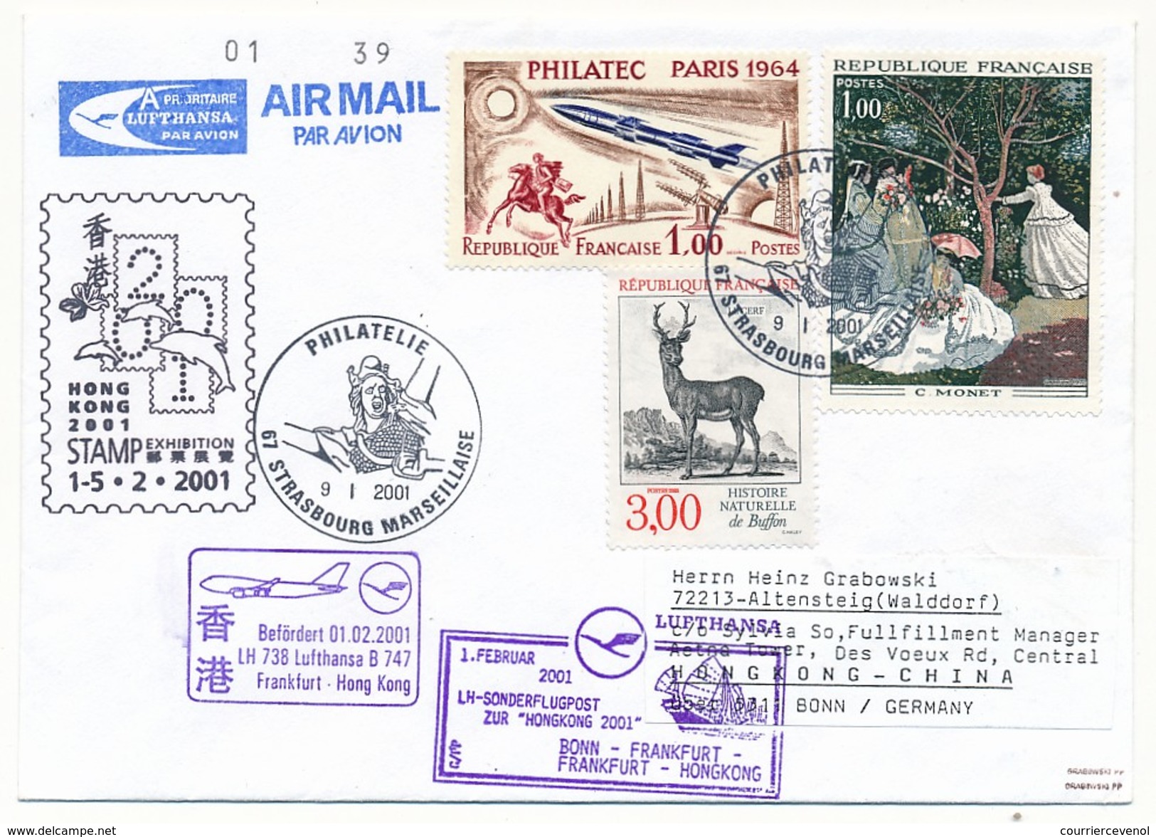 Enveloppe Cachet Temp 67 Strasbourg Marseillaise - 1er Vol Lufthansa BONN => FRANCFORT => HONG KONG - 9/01/2001 - First Flight Covers