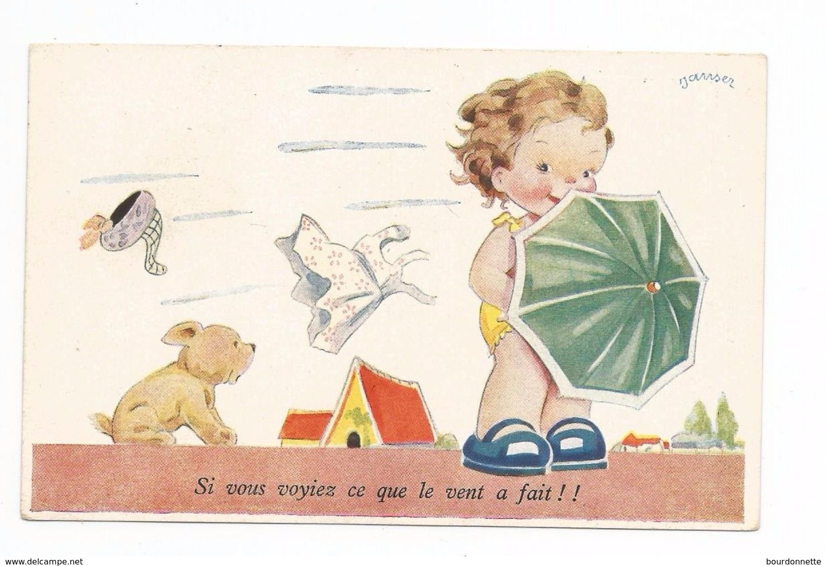 Carte Illustrateur Fillette Avec Parapluie Chien Maison Vent - Janser