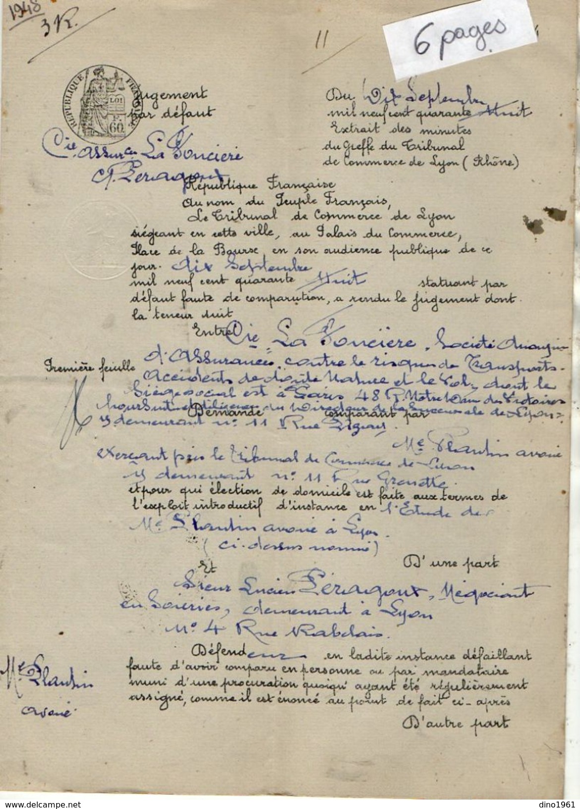 VP10.979 - Tribunal De LYON - Acte De 1948 - Entre La Cie La Foncière à PARIS Contre Mr PERAGANT à LYON - Bank & Versicherung