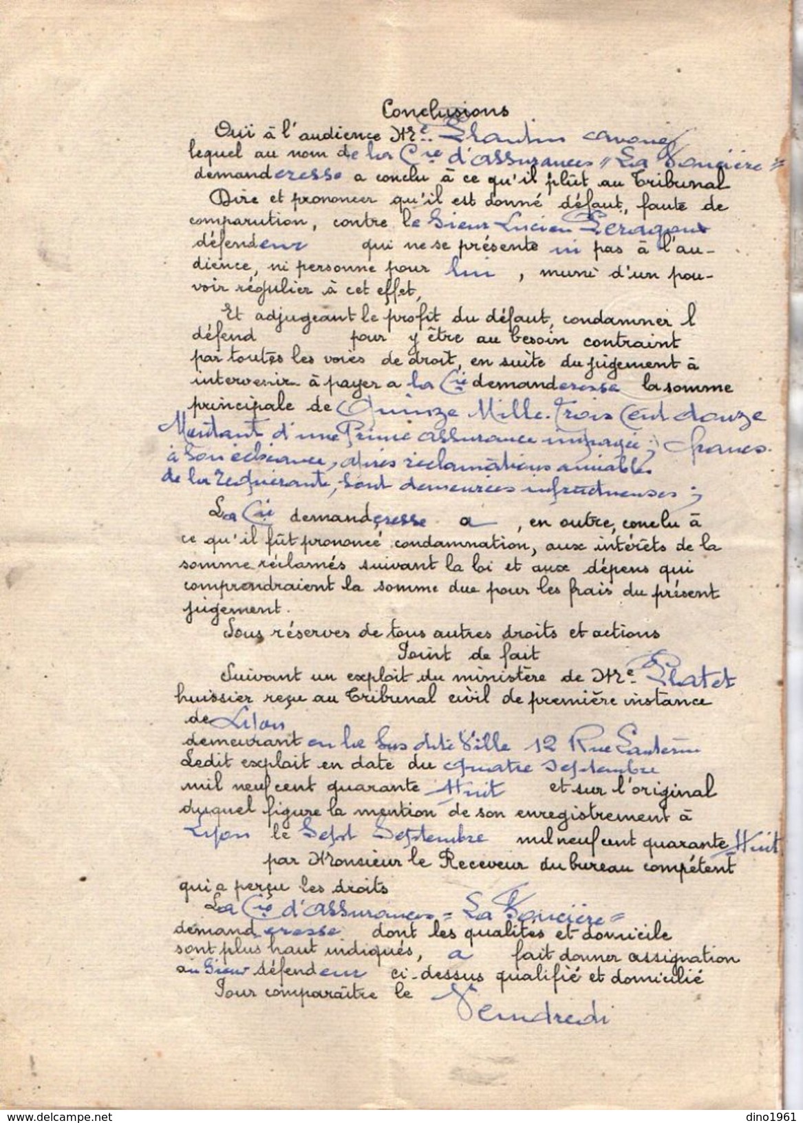 VP10.979 - Tribunal De LYON - Acte De 1948 - Entre La Cie La Foncière à PARIS Contre Mr PERAGANT à LYON - Bank & Insurance