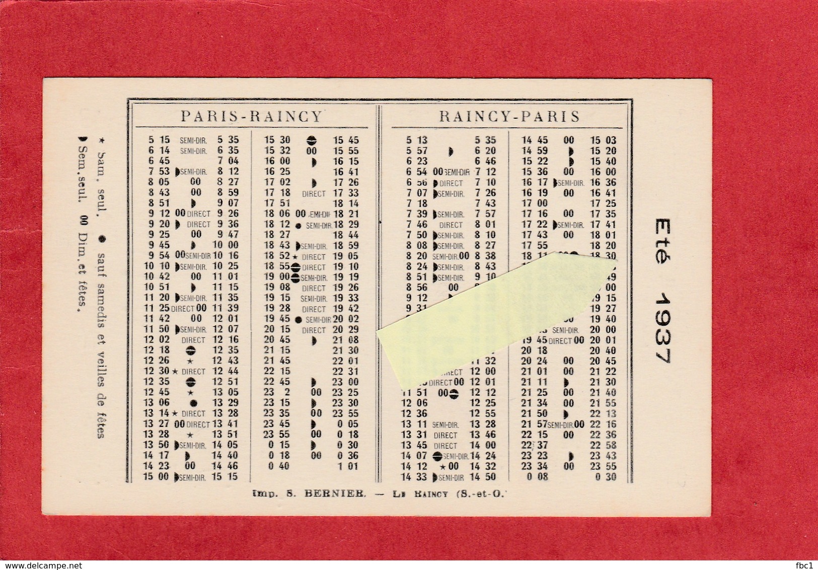 Horaire Des Trains Le Rancy-Paris - 1937 - Maison J.Brossy - Café Hôtel De La Gare - Europa