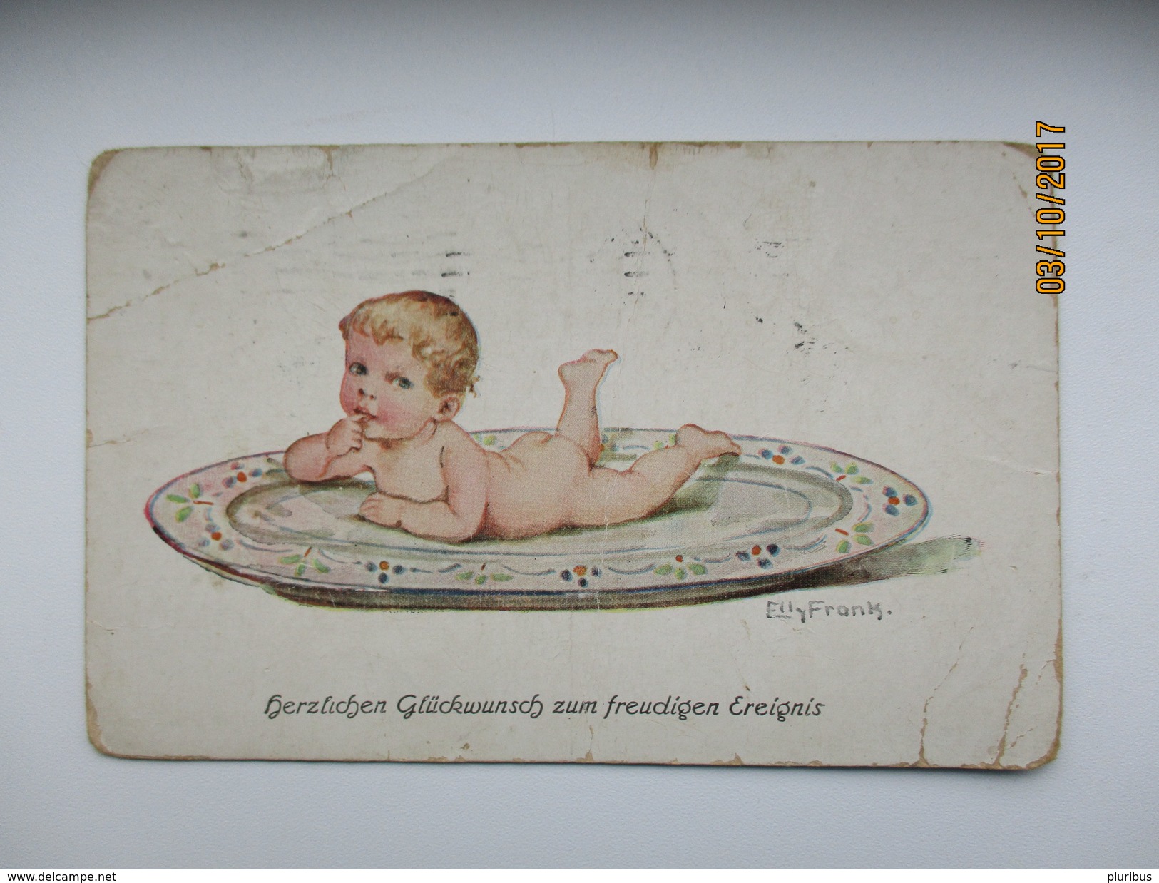 NUDE BABY BOY ON PLATE , ELLY FRANK  , OLD POSTCARD , KO - Frank, Elly