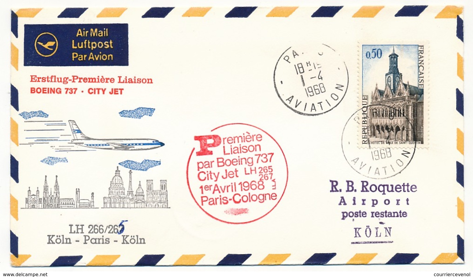 2 Enveloppes Première Liaison Boeing 737 City Jet LH 265/67 Paris Cologne Et Retour - 1er Avril 1968 - Eerste Vluchten