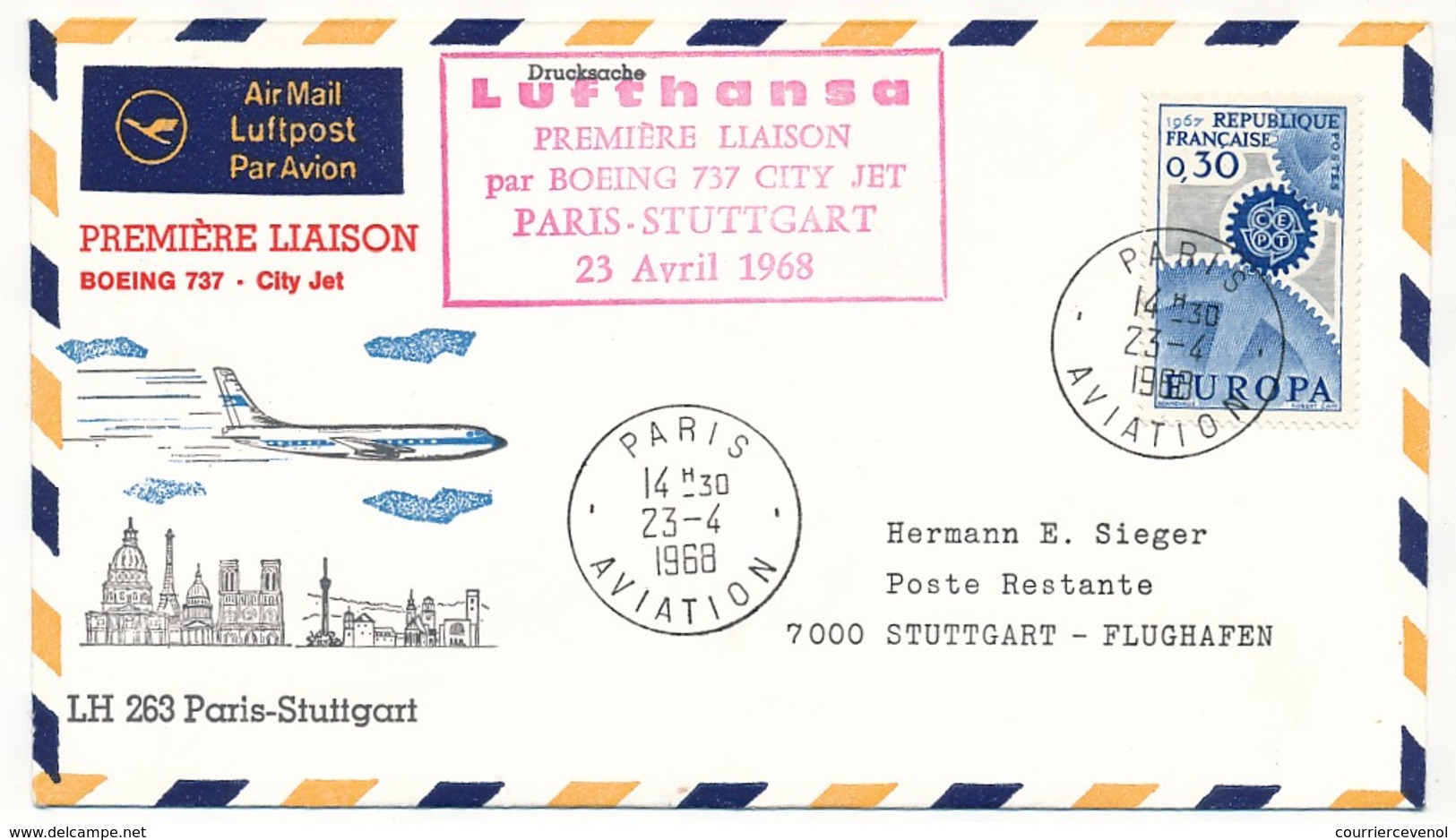 1 Entier Réponse DDR + 1 Enveloppe - Vol LH 263 PARIS STUTTGART - Boeing 737 City Jet - 23/04/1968 - Primi Voli