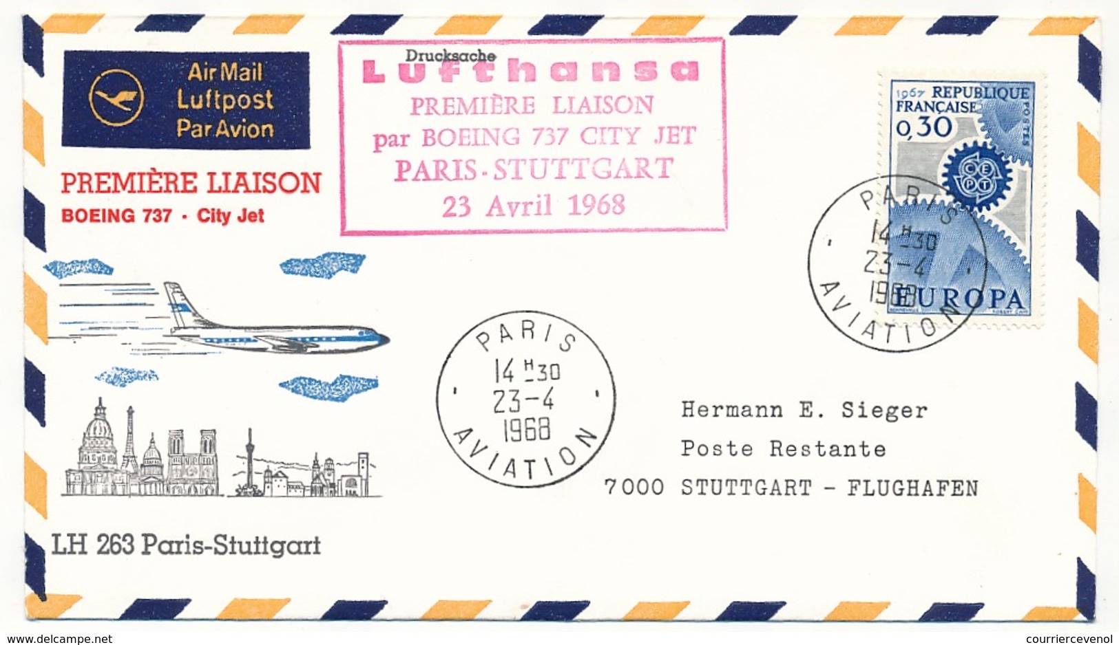 1 Entier Réponse DDR + 1 Enveloppe - Vol LH 263 PARIS STUTTGART - Boeing 737 City Jet - 23/04/1968 - First Flight Covers