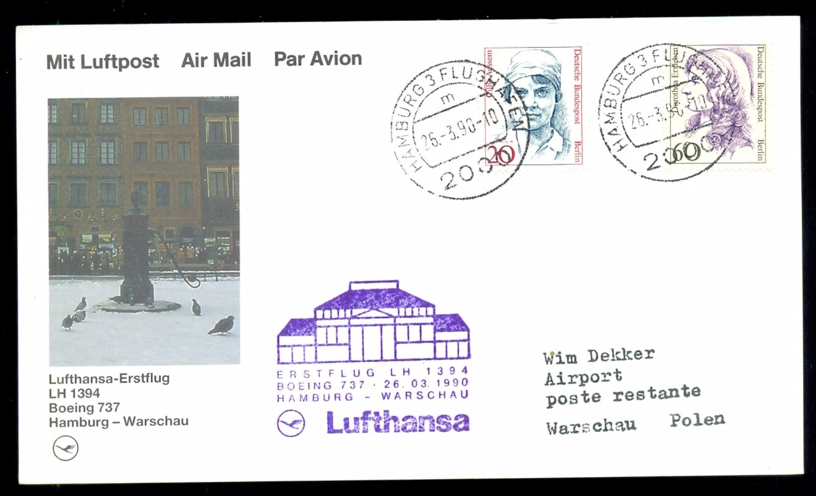 LUFTHANSA * FIRST FLIGHT CARD * 1990 BOEING 737 HAMBURG - WARSAW - Vliegtuigen