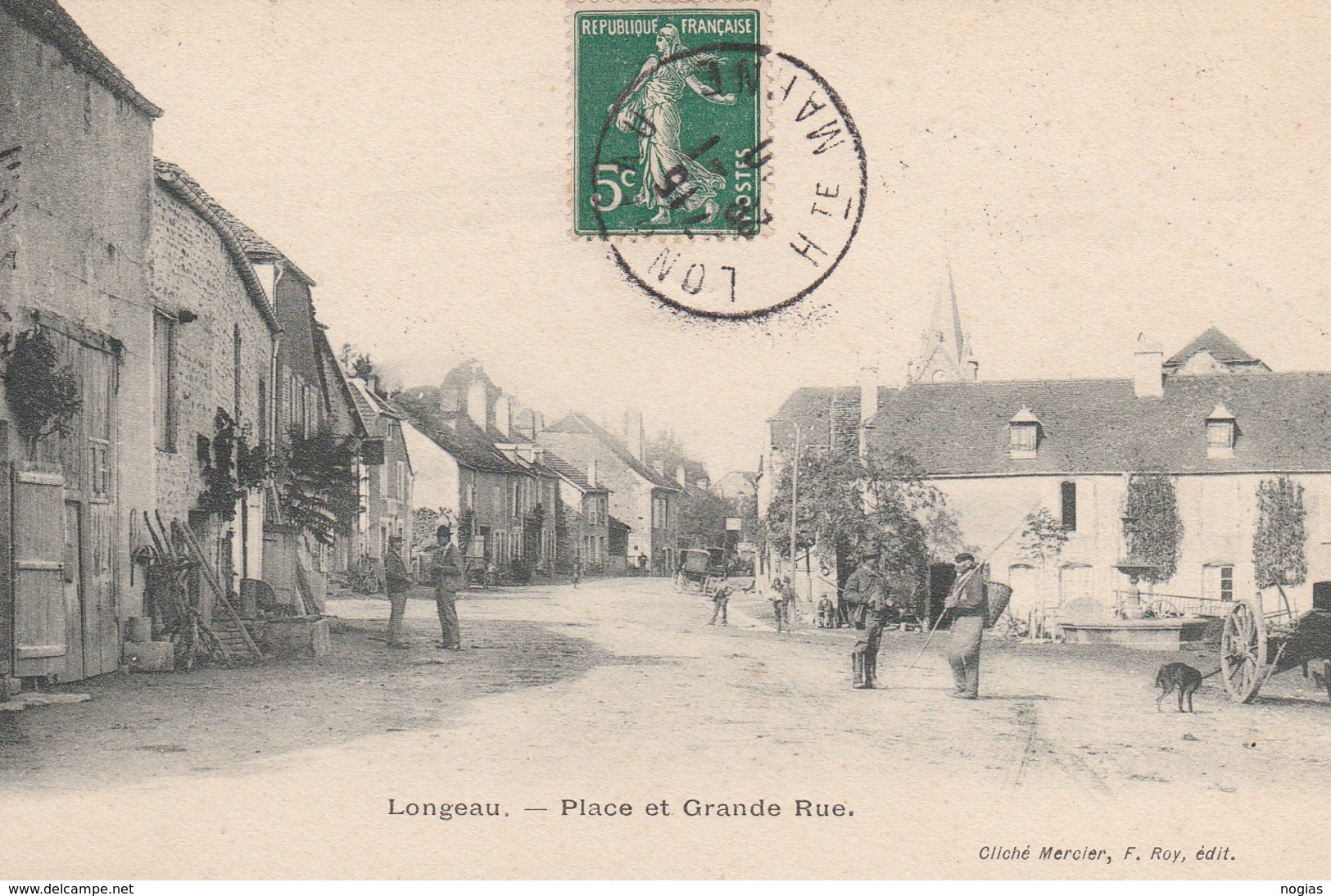 LONGEAU - LA PLACE ET LA GRANDE RUE - BELLE CARTE ANIMEE - VIGNERON ET SA HOTTE - 2 SCANNS -  TOP !!! - Le Vallinot Longeau Percey