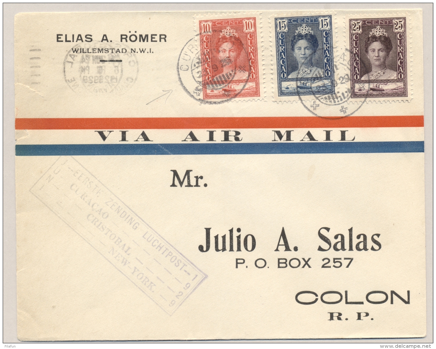 Curacao - 1929 - Tricolore Franking On First PAA Returnflight Cover From Curacao To Colon - Curazao, Antillas Holandesas, Aruba