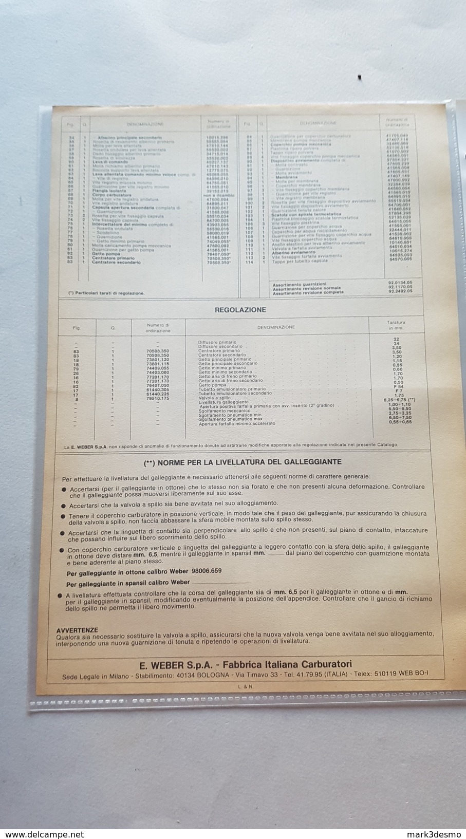 FIAT 124 Sport With Air Conditioning For California 1979  Weber Carburettor Original Parts Catalog - Cars