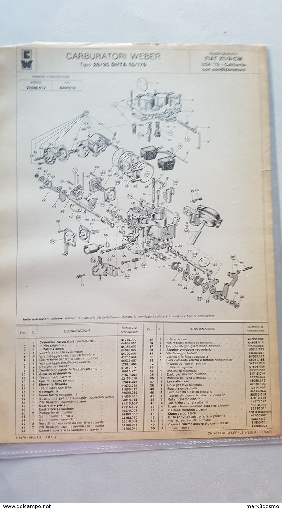 FIAT X1\9 Air Conditioning USA 1979  Weber Carburettor Original Parts Catalog - Cars