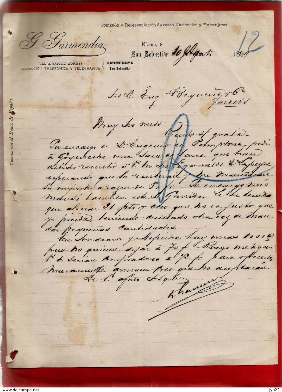 Courrier Espagne G. Garmendia Elcano San Sebastian Saint Sébastien 10-?-1899 - écrit En Espagnol - España