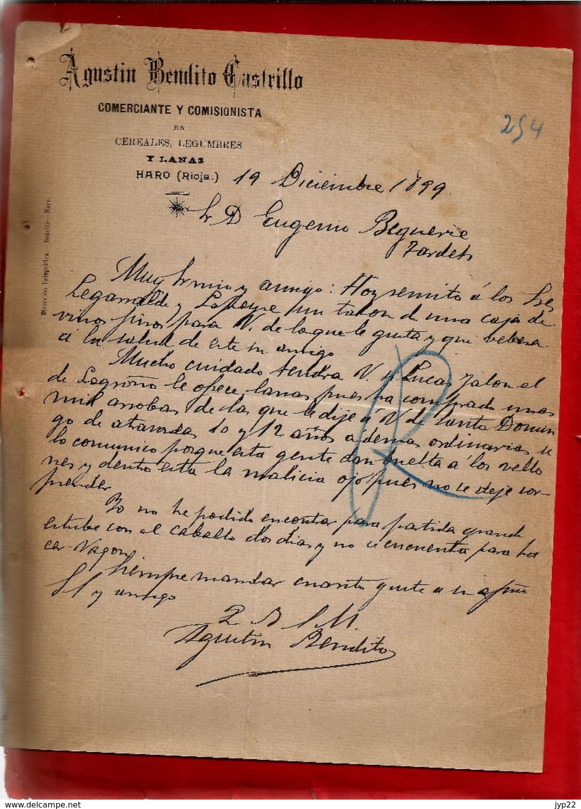 Courrier Espagne Agustin Bemlito Castrillo Commerce Céréale Légumes Y Lanas Haro Rioja 19-12-1899 - écrit En Espagnol - Spanje