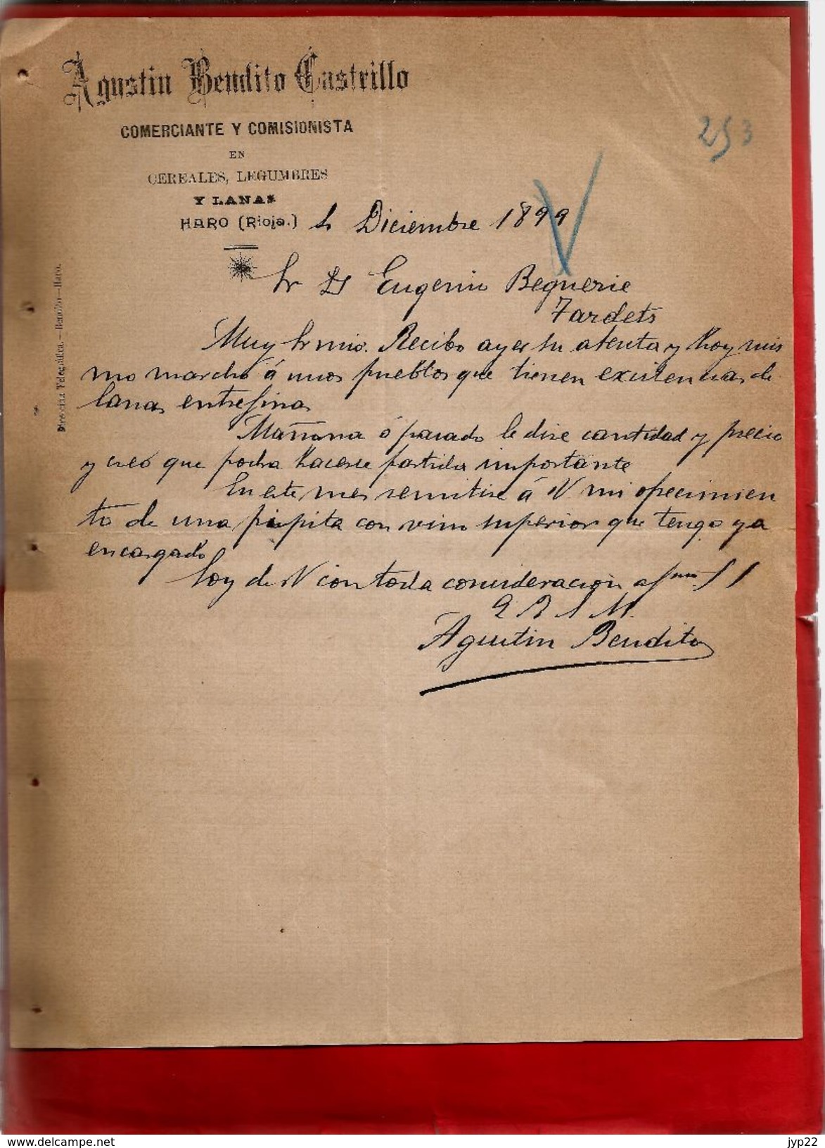 Courrier Espagne Agustin Bemlito Castrillo Commerce Céréale Légumes Y Lanas Haro Rioja 4-12-1899 - écrit En Espagnol - Spain