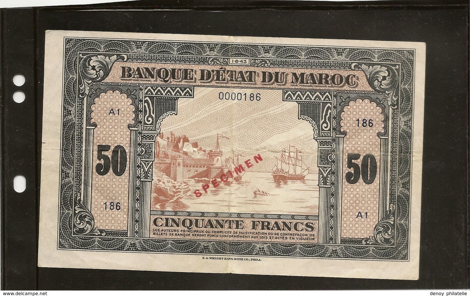 Maroc Billet De 50  Francs Type 1943 Emission Américaine" Spécimen" TTB - Marokko