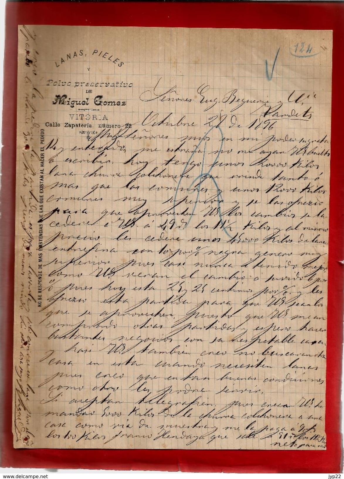 Courrier Espagne Lanas Pieles Y Polvo Preservativo Miguel Gomez Vitoria 28-?-1896 - écrit En Espagnol - Espagne