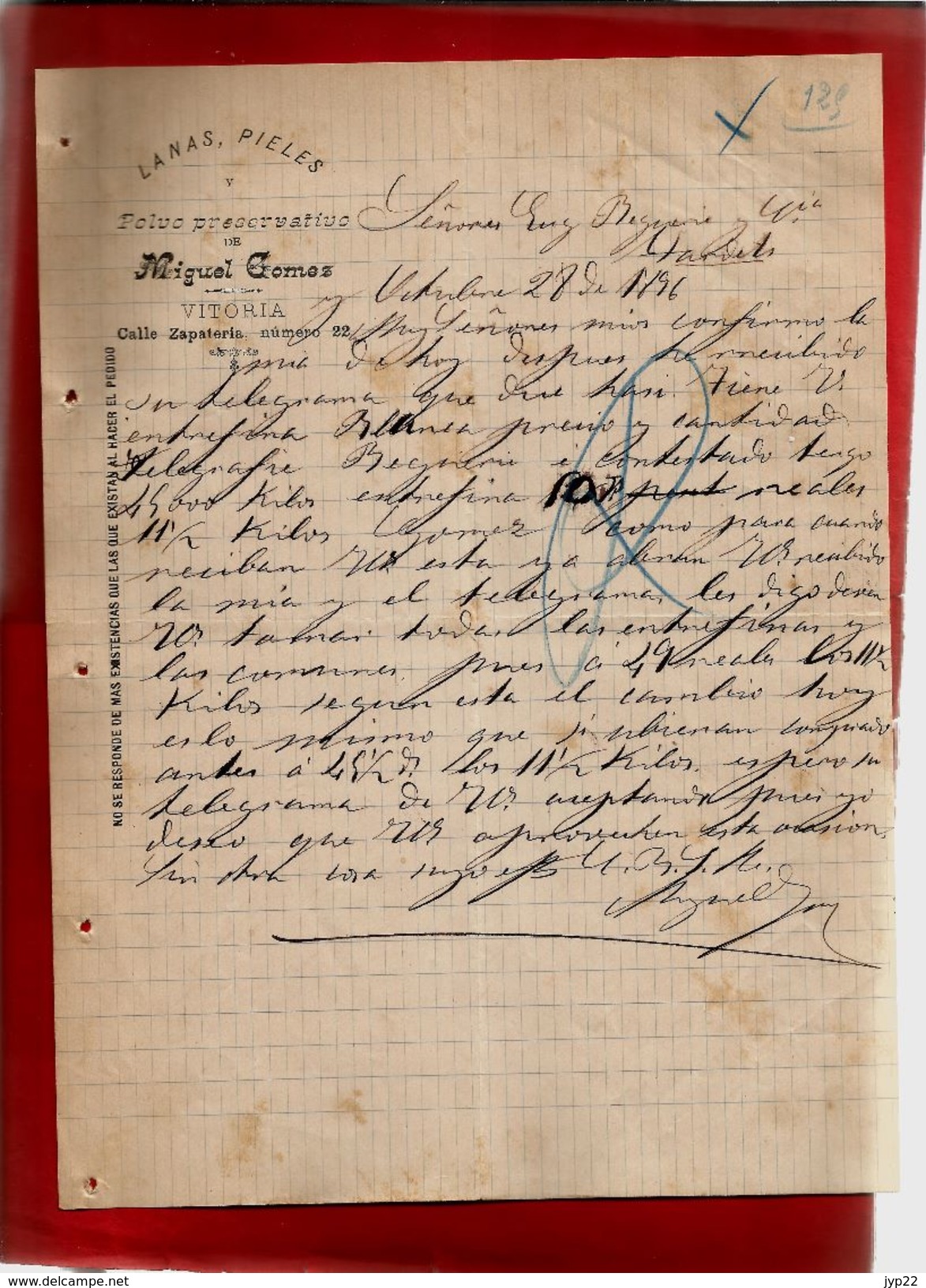 Courrier Espagne Lanas Pieles Y Polvo Preservativo Miguel Gomez Vitoria 28-?-1896 - écrit En Espagnol - Spanien