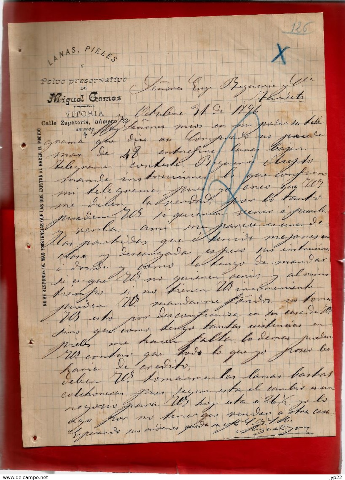 Courrier Espagne Lanas Pieles Y Polvo Preservativo Miguel Gomez Vitoria 31-?-1896 - écrit En Espagnol - Spanje