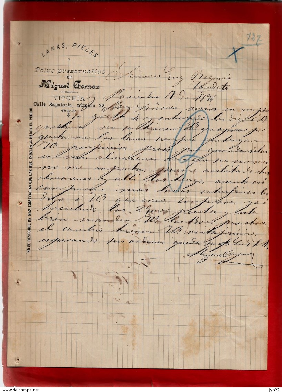 Courrier Espagne Lanas Pieles Y Polvo Preservativo Miguel Gomez Vitoria 7-11-1896 - écrit En Espagnol - Spain