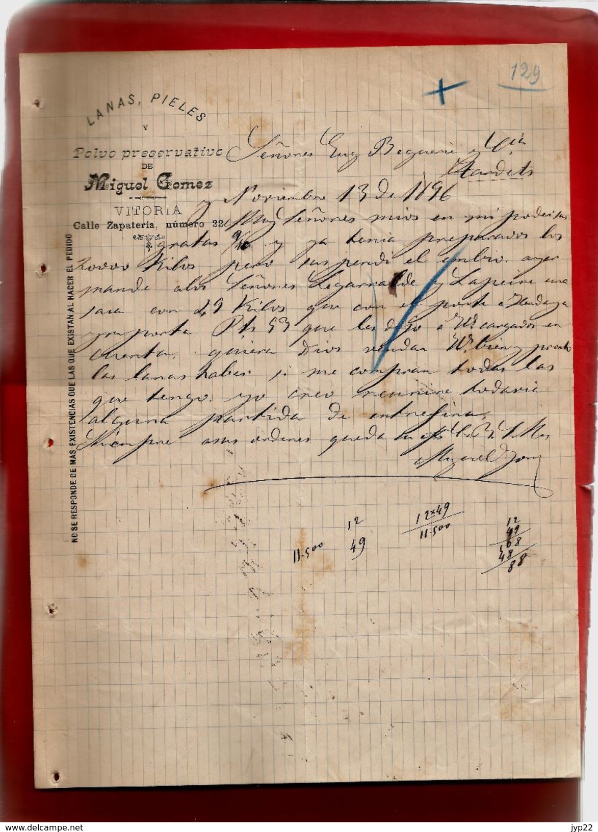 Courrier Espagne Lanas Pieles Y Polvo Preservativo Miguel Gomez Vitoria 13-11-1896 - écrit En Espagnol - Espagne