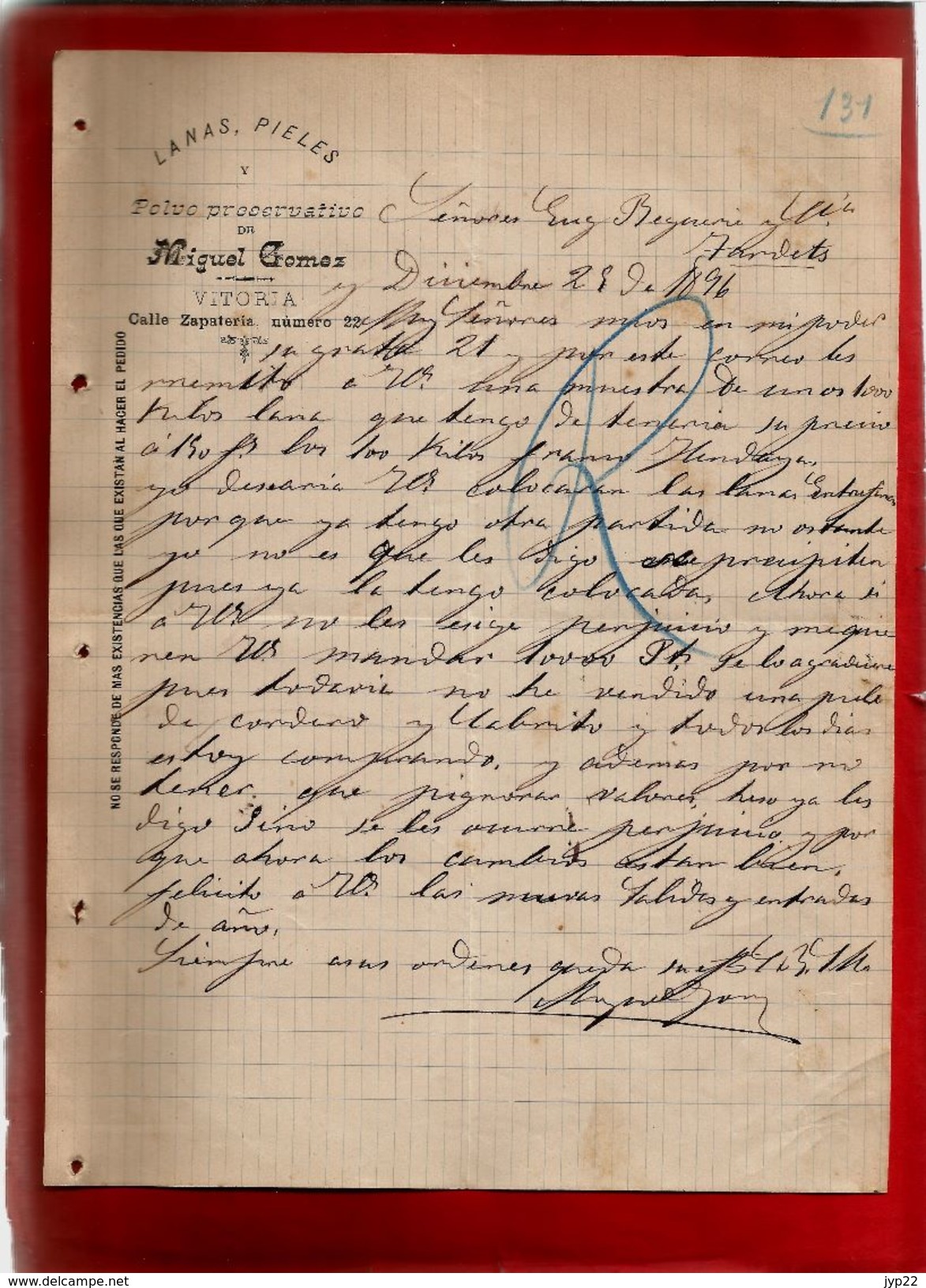 Courrier Espagne Lanas Pieles Y Polvo Preservativo Miguel Gomez Vitoria 25-12-1896 - écrit En Espagnol - Spanje