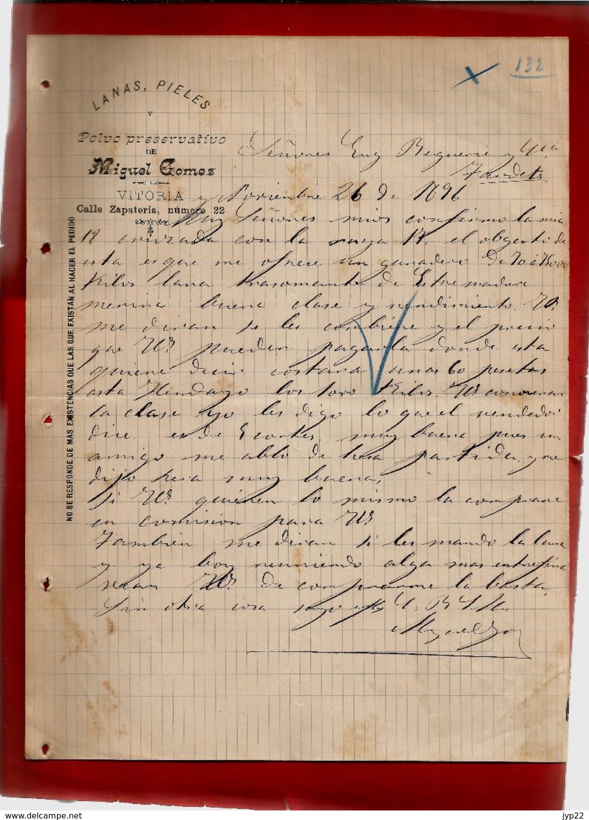 Courrier Espagne Lanas Pieles Y Polvo Preservativo Miguel Gomez Vitoria 26-11-1896 - écrit En Espagnol - Spanien