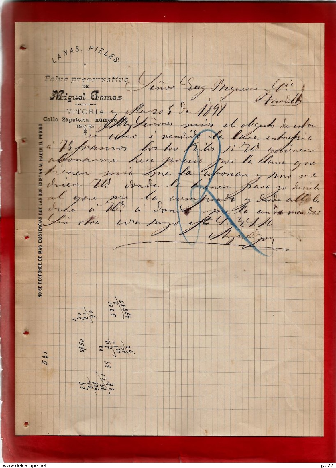 Courrier Espagne Lanas Pieles Y Polvo Preservativo Miguel Gomez Vitoria 5-03?-1898 - écrit En Espagnol - Spanje