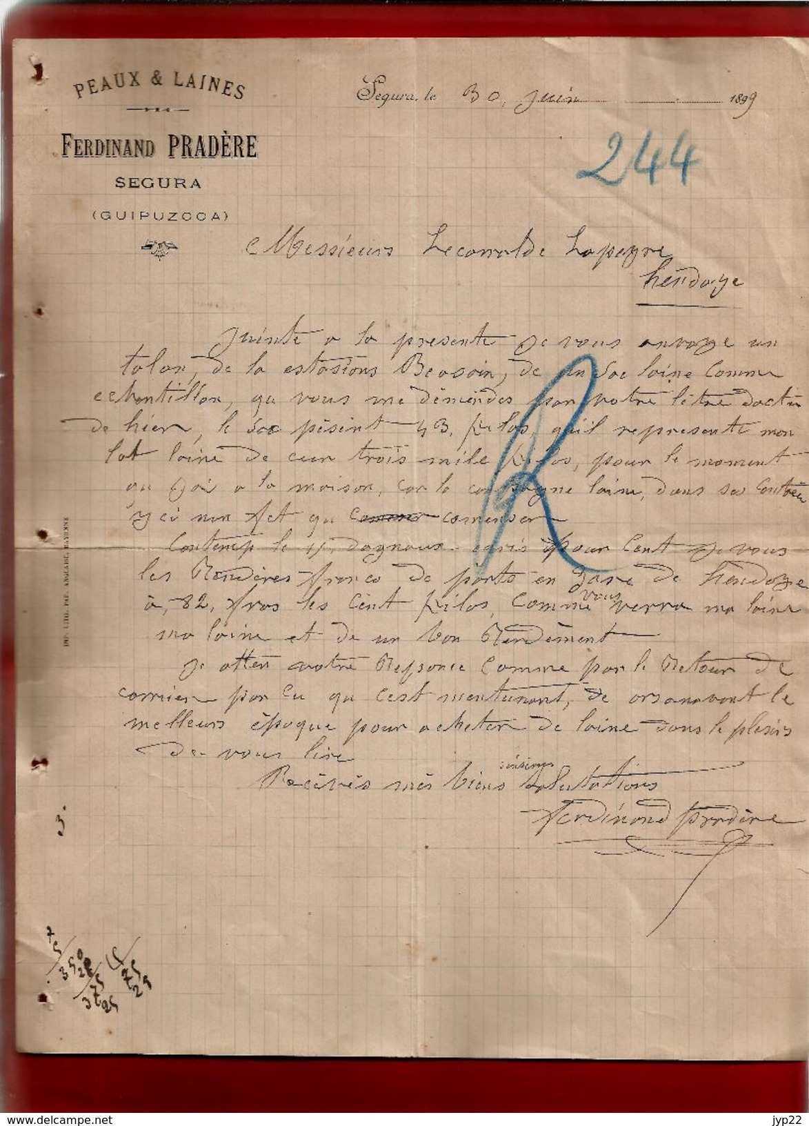 Courrier Espagne Peaux Et Laines Ferdinand Pradère Segura Guipuzcoa 30-06-1899 - Laine - Spanje