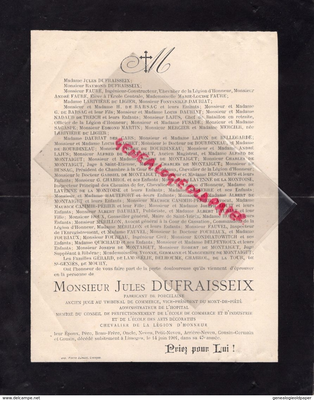 87- LIMOGES-FAIRE PART DECES JULES DUFRAISSEIX-FABRICANT PORCELAINE-M. FAURE-DE BARSAC-LARIVIERE DU LIGIER-SENAMAUD 1901 - Décès