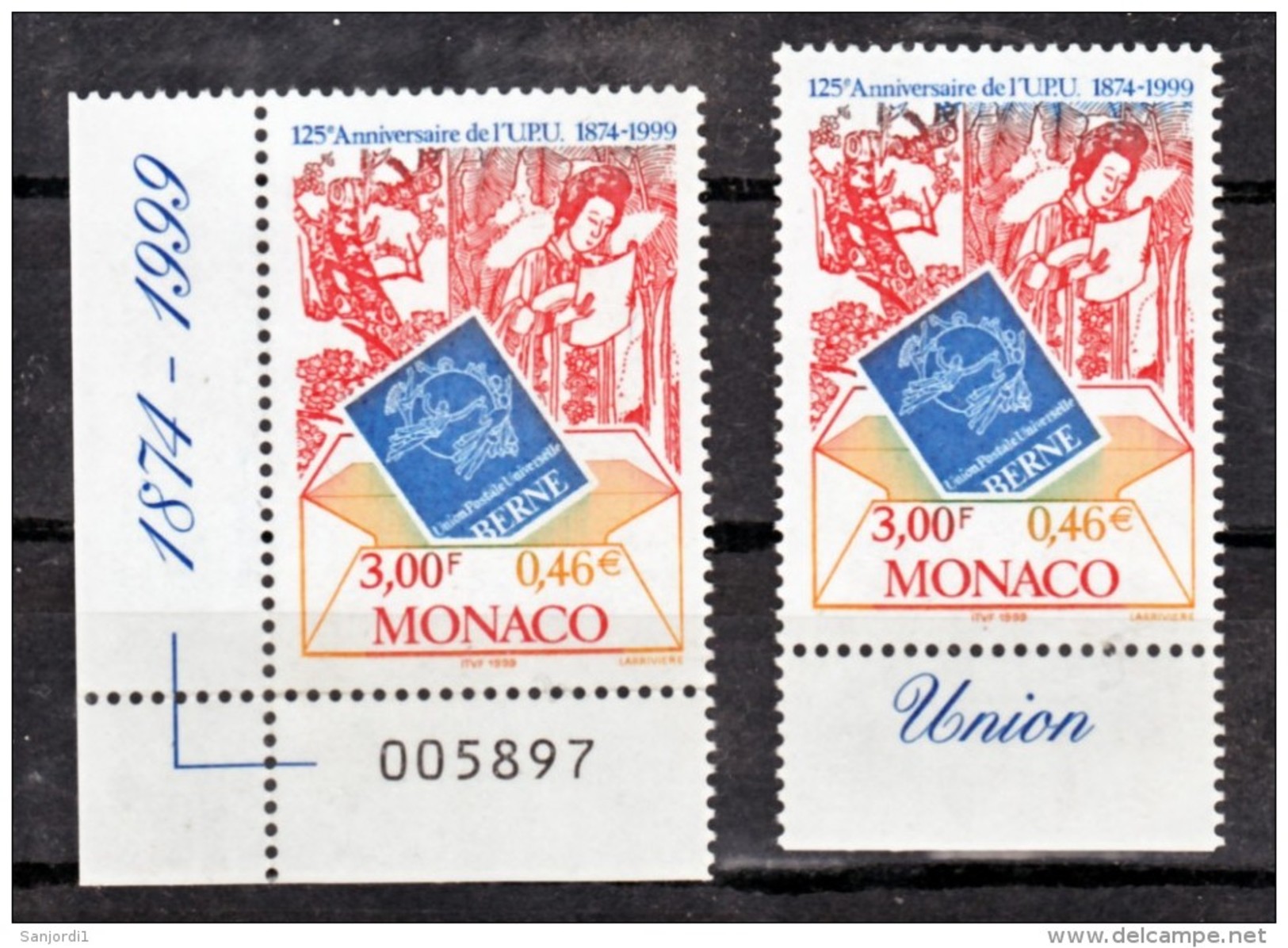 Monaco 2216 Variété Impression Décalée Vers Le Bas Haut Du Timbre Bleu Et Normal UPU  Neuf ** TB  MNH Sin Charnela - Errors And Oddities