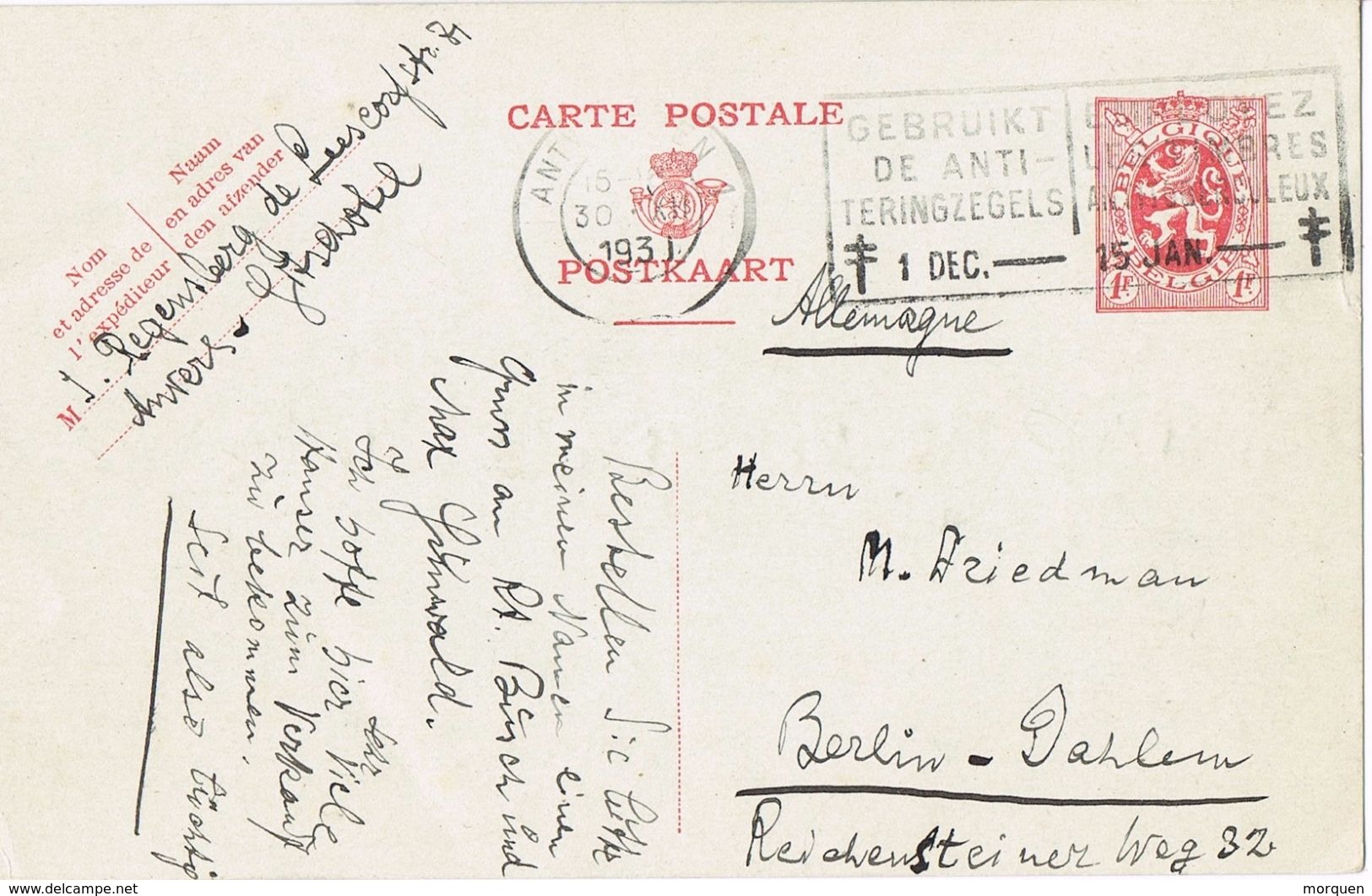 25599. Entero Postal ANVERS (Belgien) 1931. Slogan Anti Tuberculeux - International Reply Coupons