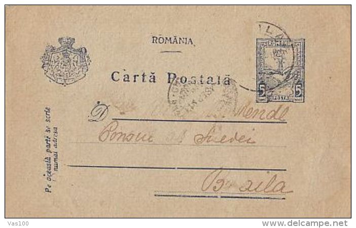 EAGLE, CROWN, ROYAL COAT OF ARMS, PC STATIONERY, ENTIER POSTAL, 1918, ROMANIA - Lettres & Documents