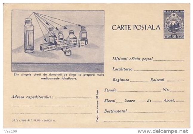 MEDICINE, BLOOD DONATIONS, MEDICINES, PC STATIONERY, ENTIER POSTAL, 1961, ROMANIA - Geneeskunde